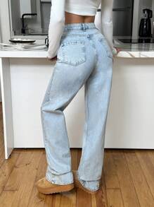 SHEIN Cottnline 100% Cotton HIGH RISE STRAIGHT CUT POCKET DETAIL  LIGHT BLUE JEAN - 657 - Light Wash - View 2