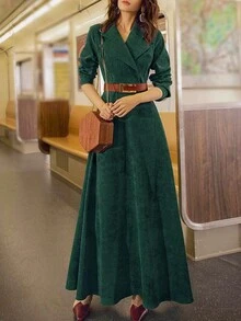 欧美爆款简约翻领纯色法式复古女装束腰连衣裙Y2K秋冬灯芯绒西装领长袖显瘦口袋天鹅绒女士中长款连衣裙 - 墨綠色 - 查看 5