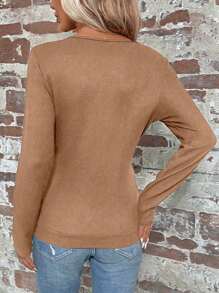 EMERY ROSE Women's Solid Color V-Neck Long Sleeve T-Shirt - Khaki - View 2