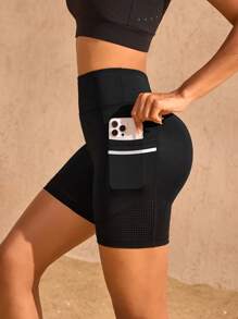 Exploreva Quần short thể thao lưng cao màu trơn dành cho nữ - màu đen - Xem 4