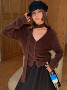 DAZY 1 Áo khoác cardigan nữ cổ chữ V tay dài buộc phía trước, áo khoác cardigan màu nâu cho nữ, quần áo mùa thu cho nữ - màu nâu - Xem 3