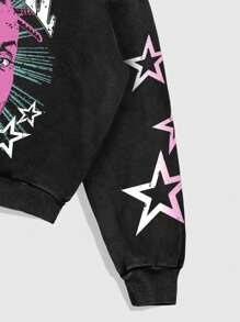 ROMWE MEN Street Life Áo hoodie tay dài in họa tiết Pentagram axit giặt dành cho nam, phong cách đường phố, màu đen - màu đen - Xem 5