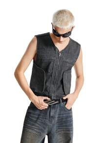 NEON BLANC Men's Street Casual Cotton Washed Hook & Loop Trim Sleeveless Tactical Vest Jacket, For Fall Winter - Dark Grey - View 8