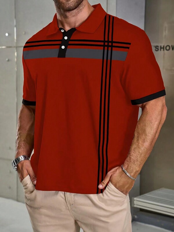Manfinity Homme Camisa polo casual plus size masculina de cor sólida com patchwork e botões frontais e manga curta