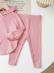 SHEIN 女婴针织弹力纯色连帽上衣和松紧腰裤套装，秋冬 - 粉色 - 查看 4