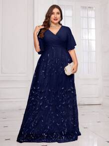 UNITHORSE Plus Size V-Neck [Random Cut] Ruffle Sleeve, Chest Pleated Leaf Mesh Embroidery Sequin Mesh Contrast Color Formal Dress, Elegant For Gala, Wedding Guest, Graduation, Bridal, Birthday Party, Formal Occasion Spring - Navy Blue - View 4