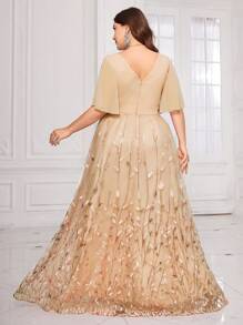 UNITHORSE Plus Size V-[Random Cut] Neck Ruffle Sleeve Chest Ruched Leaf Mesh Embroidery Sequin Mesh Contrast Formal Dress Elegant Prom Evening Wedding Guest Gown, For Graduation Dress, Bride Dress, Birthday Women Outfits, Formal Dress,Party Dress - Champagne - View 2