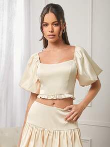L'Amorae Bow Detail Puff Sleeve Ruffle Hem Square Neck Top