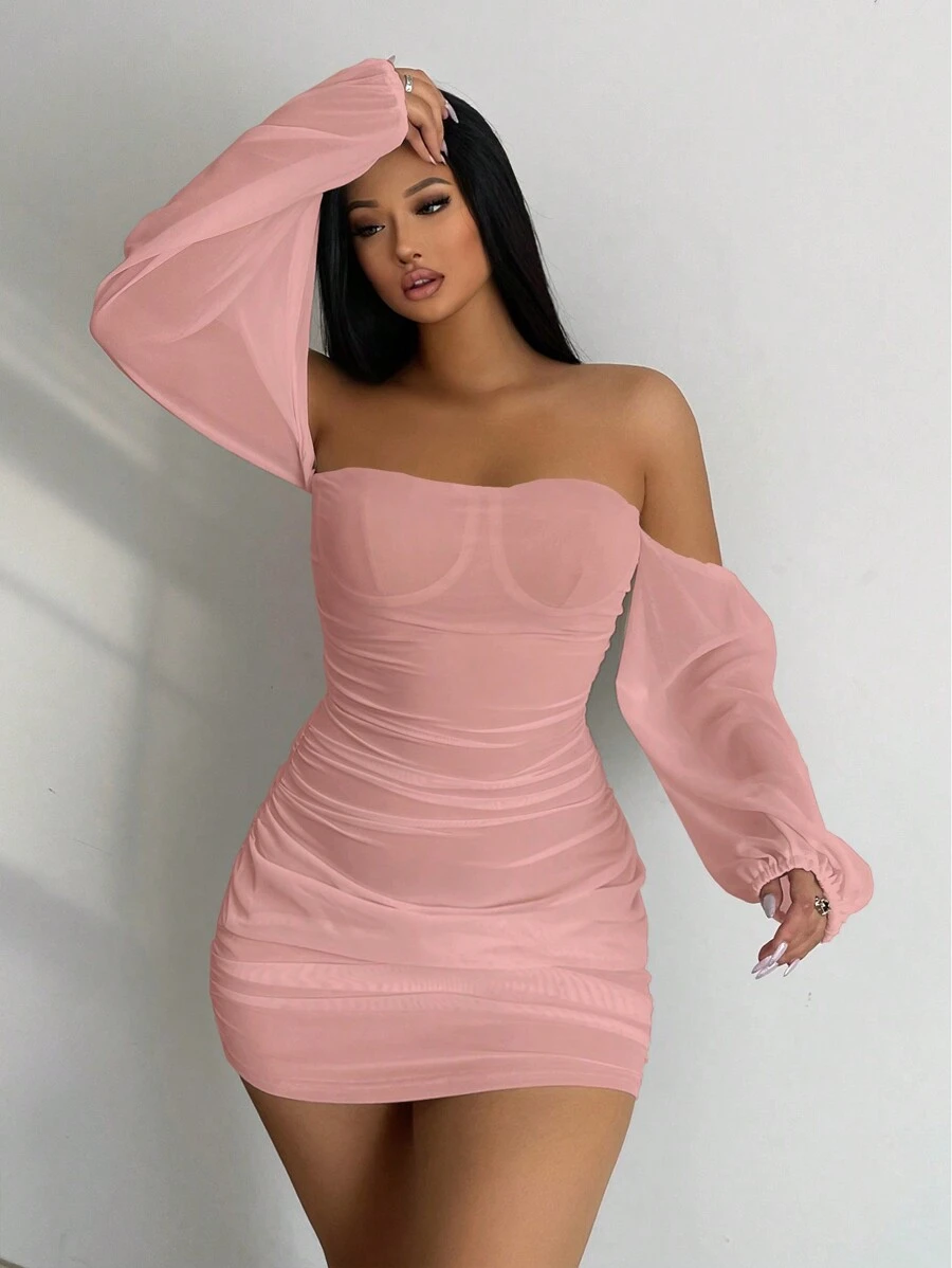 VaVaBold Fall/Winter Costume Off Shoulder Ruched Bodycon Sexy Mini Dress - Baby Pink - View 1