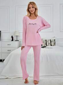RueChic Letter Graphic Rib-knit Lounge Set - Pink - View 6