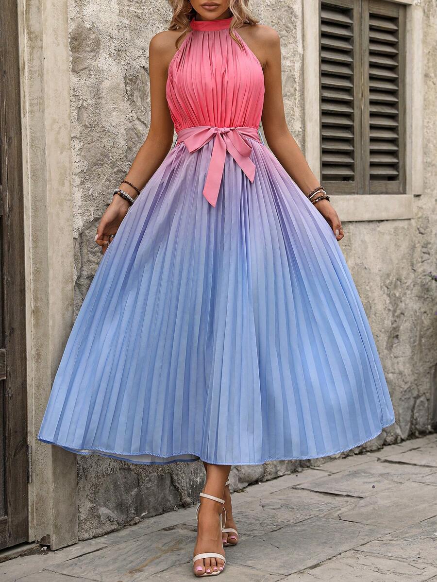 Chiquease Ombre Pleated Waist Cinched Sleeveless Casual Summer Dress