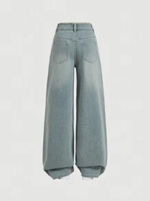 SHEIN MOD Quần Jeans Ống Rộng Rộng Thường Ngày Có Nơ Cho Nữ, Quần Jeans Nơ, Quần Jeans Nữ, Quần Jeans Nữ, Xanh Dương - Rửa tối - Xem 2