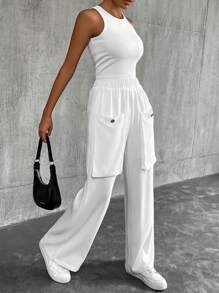 SHEIN LUNE Solid Color Casual Trousers With Large Front Decorative Pockets Fall Cloth For Women - White - View 4