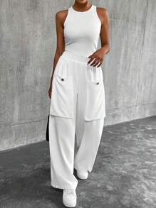 SHEIN LUNE Solid Color Casual Trousers With Large Front Decorative Pockets Fall Cloth For Women - White - View 5