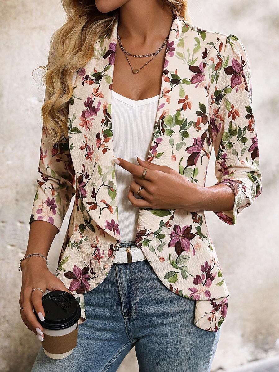 SHEIN Clasi Women Elegant Floral Print Ruffle Hem Cinched Waist Open Front Blazer Jacket In Fall/Winter