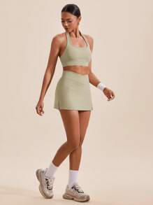 VARSITIE 纯色挂脖休闲上衣和下装女士运动套装 - 綠色 - 查看 3