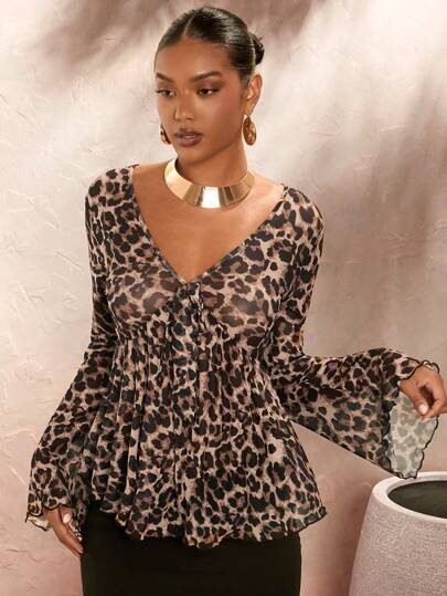 Opulessa Women's Fitted Deep V-Neck Flare Sleeve Leopard Print Knitted Mesh Vacation TopLong Sleeves Woman,Sexy,Party,Elegant Style, Siren Office Outfit, Fall Tops For Women,For Autumn And Winter