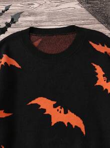 SHEIN Clasi 加大码万圣节蝙蝠图案保暖圆领毛衣，适合派对、家居服和秋冬季外出 - 彩色 - 查看 7