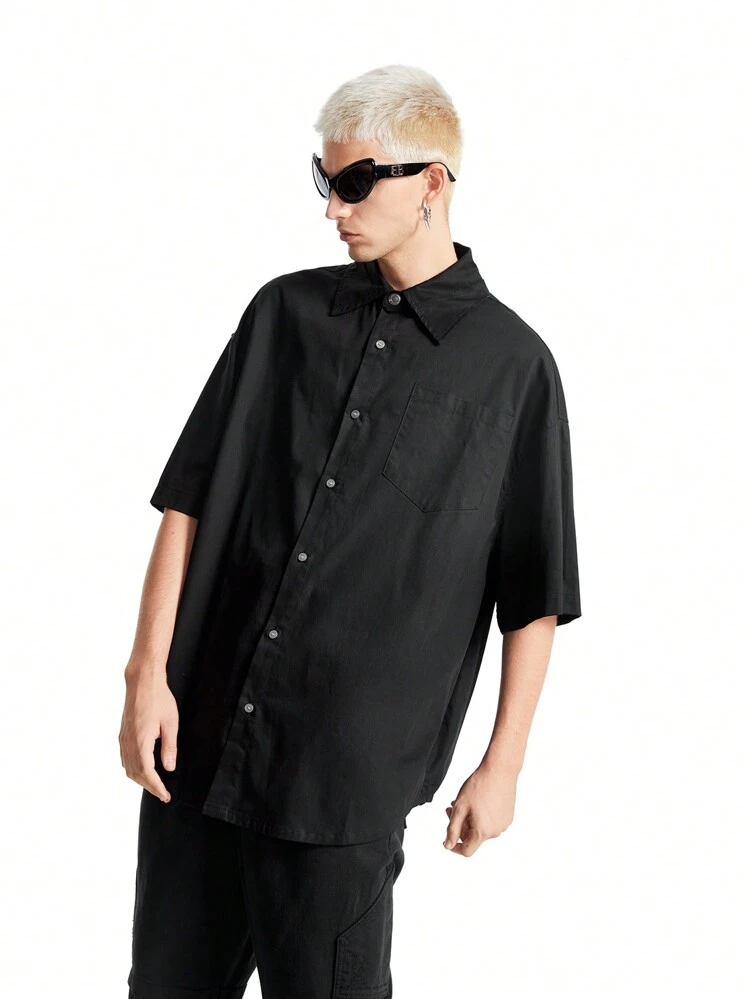 Men's Street Style Loose Fit Logo Ink Print Short Sleeve Shirt, Suitable For Summer Fashion