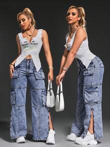 SHEIN SXY Phụ nữ Túi Nút Thẳng Thời Trang Thường Ngày Chia Quần Jean Đa Năng Hợp Thời Trang - Rửa nhẹ - Xem 5