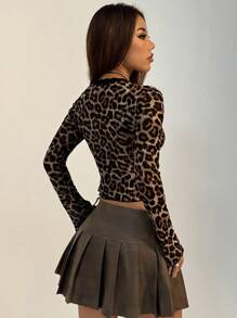 EgrlEra Open Front Leopard Print Mesh & Lace Contrast,Ladies Sexy Contrast Lace,Tie Front Flare Sleeve V Neck Regular Fit Brown All Over Print,Animal,Leopard Print,Textured Pattern Women Tops,Spring/Fall,Casual Daily Wear Y2K Outfit  - Brown - View 2