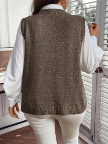 SHEIN Unity Plus Size Women's Solid Color Simple Sleeveless Knit Sweater Vest, For Winter - Coffee Brown - View 2