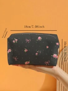 ROMWE Kawaii 带蝴蝶结和花朵图案的天鹅绒化妆包 - 彩色 - 查看 4