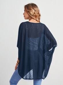 EMERY ROSE Women's Plain Color Batwing Sleeve Loose Casual Open Front Short Jacket, Summer In Fall/Winter - Navy Blue - View 2