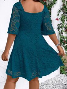 Rometta Plus Size Women's Summer V-Neck Overlay Lace Short Sleeve Elegant Dress - Teal Blue - View 4