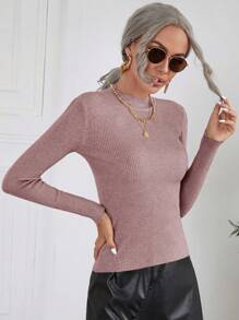 SHEIN Clasi 秋冬立领纯色修身长袖毛衣 - 紫色 - 查看 3