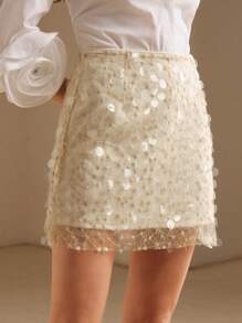 Anewsta Apricot Sequin See-Through Skirt For Fashionable Women