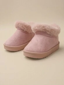 1 双女童粉色蓬松内衬平底休闲舒适保暖雪地靴，适合冬季