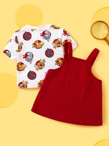TOM & JERRY X SHEIN 2pcs/Set Baby Girl Dot Print Cartoon T-Shirt And Red Suspender Pinafore Dress Outfit