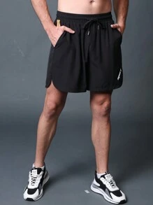 Manfinity Fitness Quần short thể thao nam kiểu boyfriend đơn giản, họa tiết in, thích hợp mặc mùa hè, màu đen. - màu đen - Xem 4