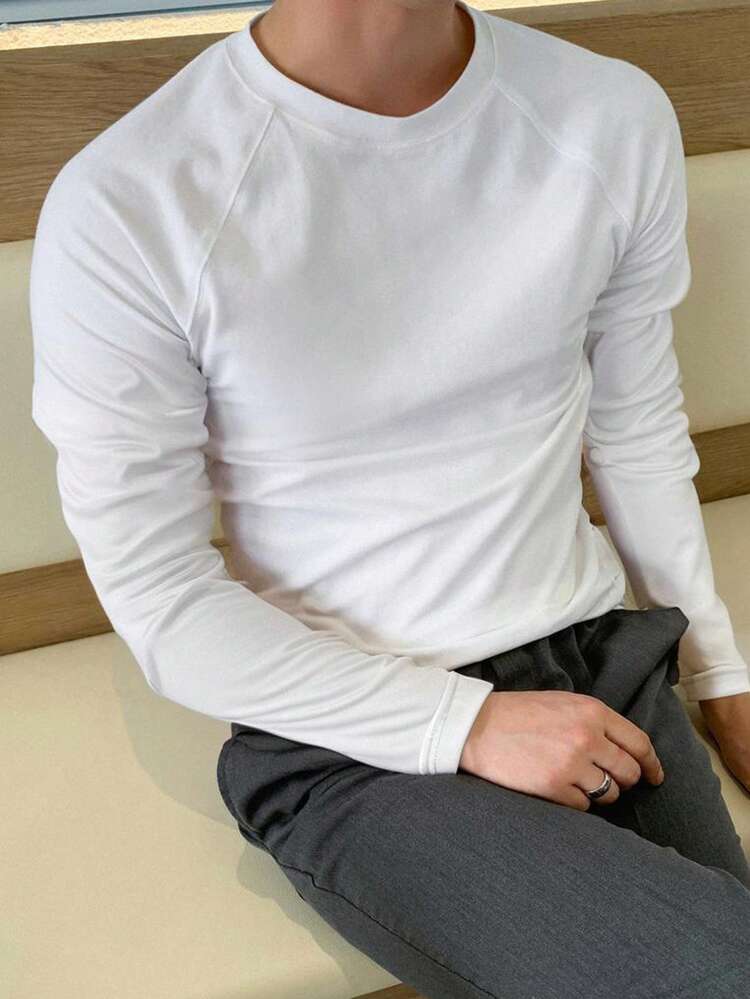 Men's Solid Round Neck Long Sleeve Minimalist Casual Top, Autumn Tee
