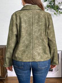 SHEIN LUNE Áo khoác dài tay dáng rộng màu xanh lá cây chất liệu PU, khóa kéo, kiểu dáng thường ngày, thích hợp cho mùa đông và các dịp lễ hội. - xanh quân đội - Xem 2