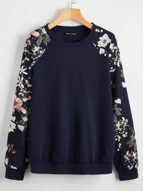 SHEIN LUNE Floral Raglan Sleeve Pullover,Long Sleeve Tops In Fall/Winter,Casual