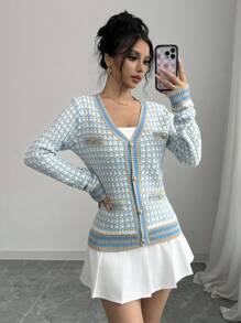 Selianne Áo len cardigan dài tay thường ngày màu tương phản dành cho nữ, áo dài tay - Màu xanh lam - Xem 3