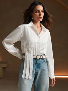 Anewsta Women's Solid Color Drop Shoulder Long Sleeve Fashionable Knit Trim Shirt, Spring/Summer