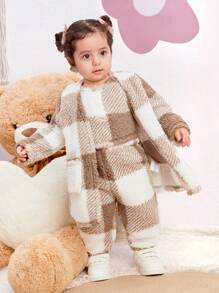 Babygirl 可爱温暖毛绒格子中长款夹克和长裤三件套，秋冬 - 彩色 - 查看 8