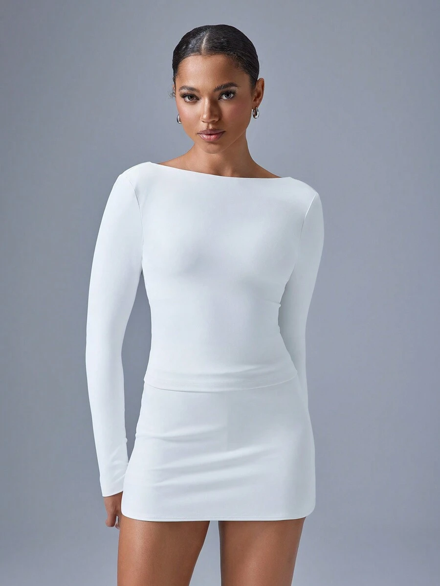 VARSIVA Women Solid Color Crewneck Long Sleeve Slim Fit Athletic T-Shirt - White - View 1