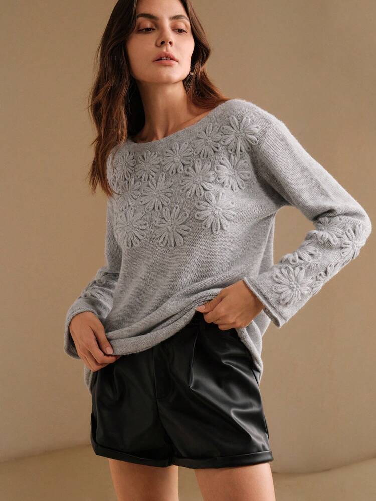 Gray Hand-Crocheted 3D Floral Pattern Loose Soft Winter Women Sweater, Knit Pullover Fall