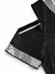 SHEIN LUNE Women Sequin Patchwork V-Neck Off Shoulder T-Shirt - Black - View 5