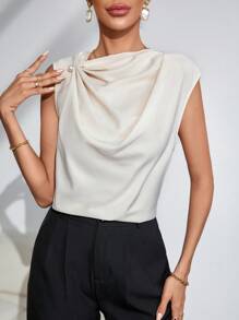 SHEIN Privé Camisa plisada color albaricoque con escote amplio y chaleco para mujer talla grande, nueva blusa casual/de fiesta - Albaricoque - Ver 1