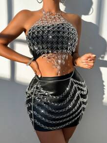 Zolique 2pcs Women Sexy Sequin Backless Halter Top And Mini Skirt 2 Pieces Set, Summer
