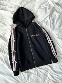 StreetHx 长袖拉链卫衣，饰有蝴蝶结和撞色滚边，长袖上衣，适合毕业季、返校季、毕业典礼、教师穿着，女士秋季返校卫衣 - 黑色 - 查看 1