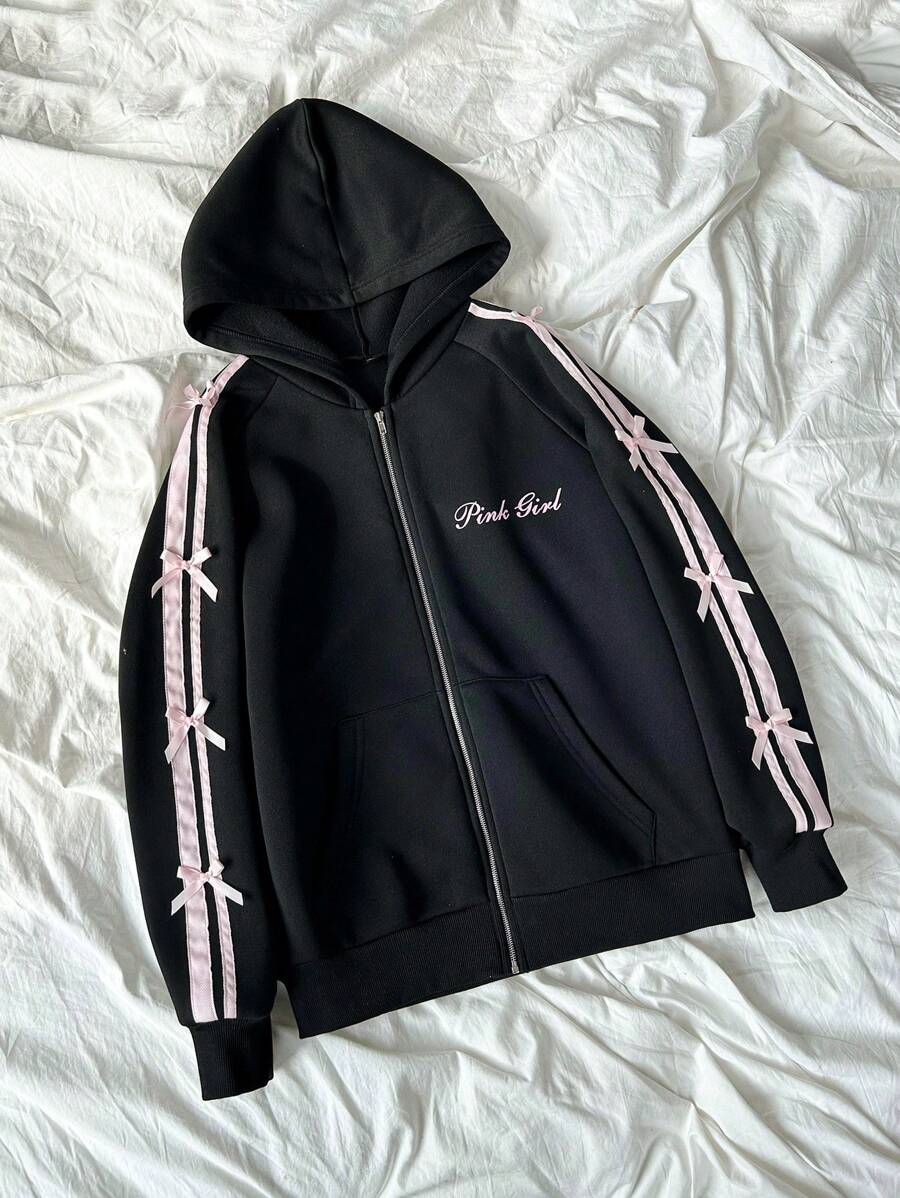 StreetHx 长袖拉链卫衣，饰有蝴蝶结和撞色滚边，长袖上衣，适合毕业季、返校季、毕业典礼、教师穿着，女士秋季返校卫衣 - 黑色 - 查看 1