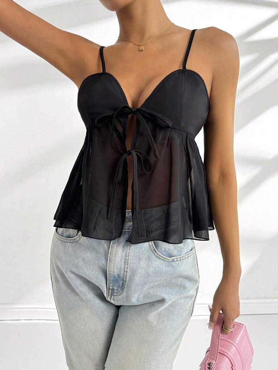 Chiquease Chiffon Sleeveless V-Neck Slim-Fit Camisole With Rope Tie - Black - View 1