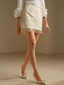 Anewsta Apricot Sequin See-Through Skirt For Fashionable Women