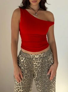 夏季休闲纯色斜肩修身衬衫